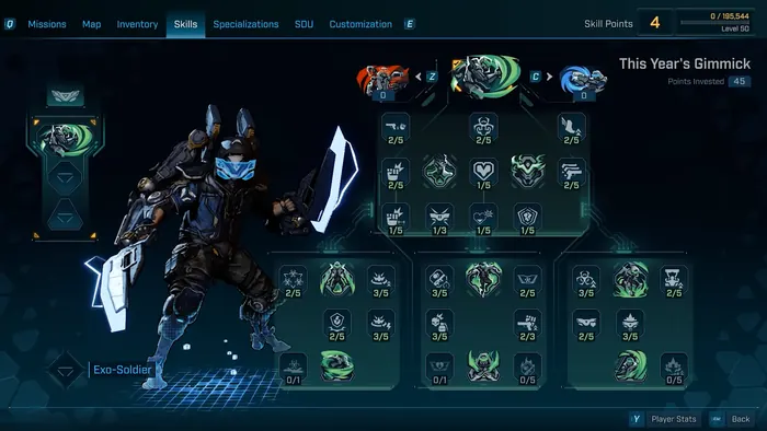 Sci-fi shooter skill tree with green augment branches on an exo-soldier